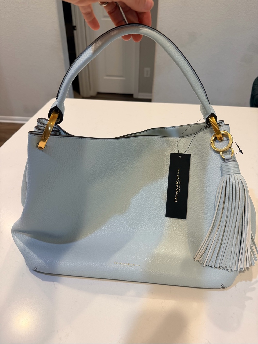 Donna Karan Light Blue Leather Shoulder Bag with Tassel